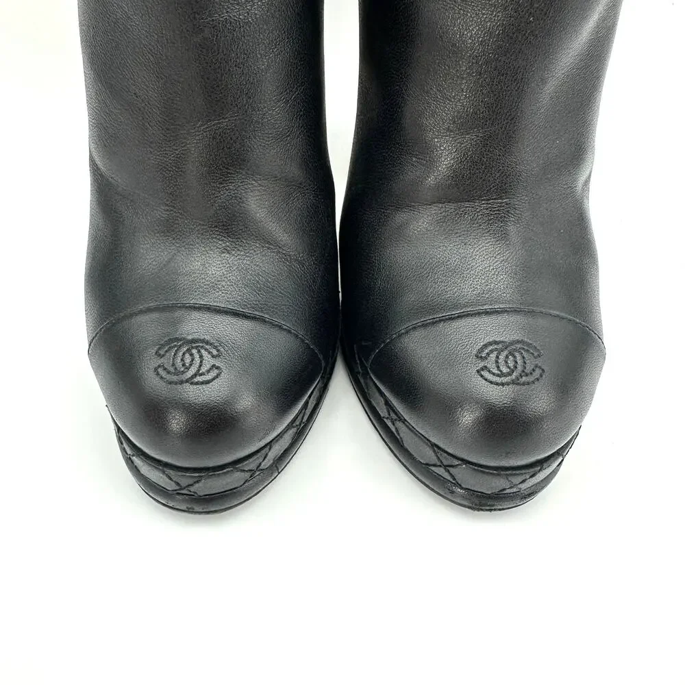 CHANEL Black Leather CC Cap Toe Quilter Platform Heel Boots IT 36